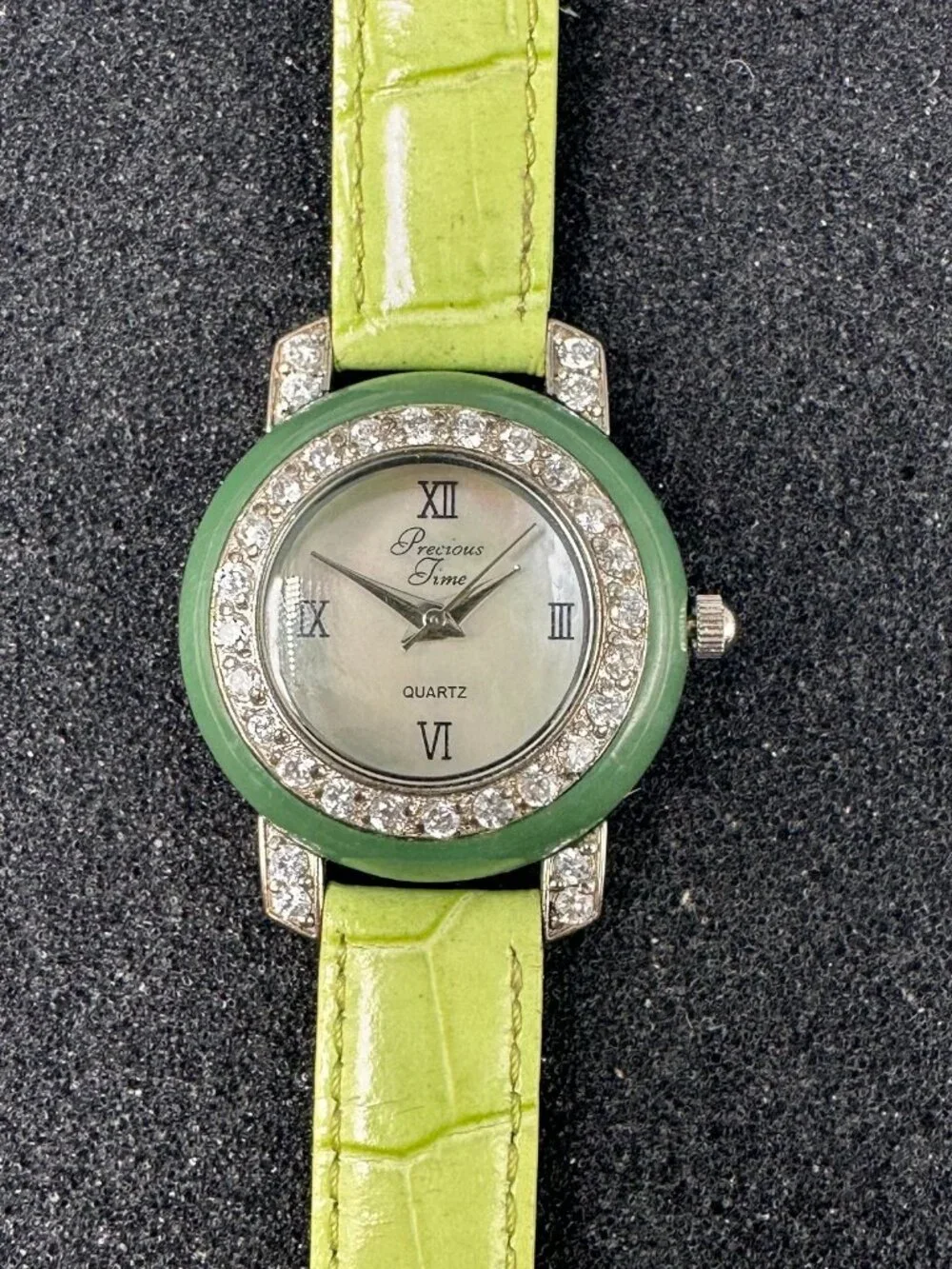 Precious Time Watch Women Silver Tone Green Leather Band New Battery 9 Inch